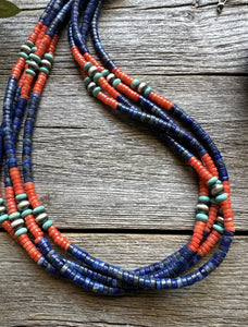 Sterling Silver Multi Strand Stone Lapis Bead Necklace. 24 inch