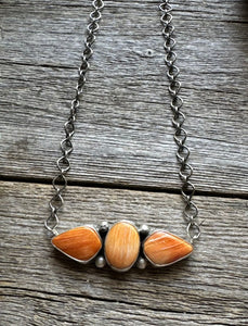 Native American Sterling Silver Orange Spiny Oyster Bar Chain Necklace 16 inch