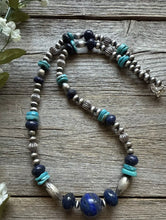 Load image into Gallery viewer, Southwestern Sterling Silver Blue Lapis Turquoise Pearls Bead Necklace 22 inch