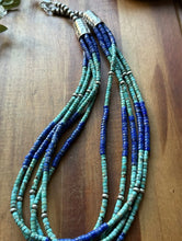 Load image into Gallery viewer, Sterling Silver Heishi Multi Strand Stone Lapis Turquoise Bead Necklace. 24 inch