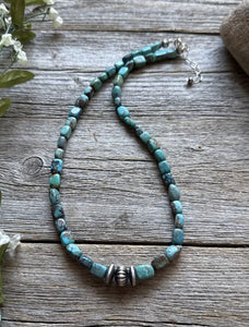Sterling Silver Turquoise Nuggets Corrugated Pearl Bead Necklace. 18 inch