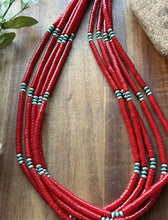 Load image into Gallery viewer, Sterling Silver Multi Strand Heishi Bamboo Coral Turquoise Bead Necklace 22 Inch