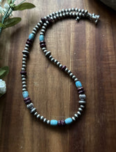 Load image into Gallery viewer, Sterling Silver Purple Spiny Oyster W Turquoise Pearls Bead Necklace. 18 inch