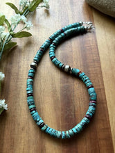 Load image into Gallery viewer, Sterling Silver Heishi Turquoise Purple Spiny Oyster Bead Necklace. 18 Inch