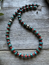 Load image into Gallery viewer, Sterling Silver Heishi Turquoise Coral Bead Necklace. 18 inch