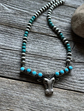 Load image into Gallery viewer, Navajo Sterling Silver Blue Turquoise Bar Pearls Necklace 16 inch Kevin Billah