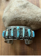Load image into Gallery viewer, Navajo Native American Sterling Silver Blue Turquoise Row Cuff Bracelet C Yazzie