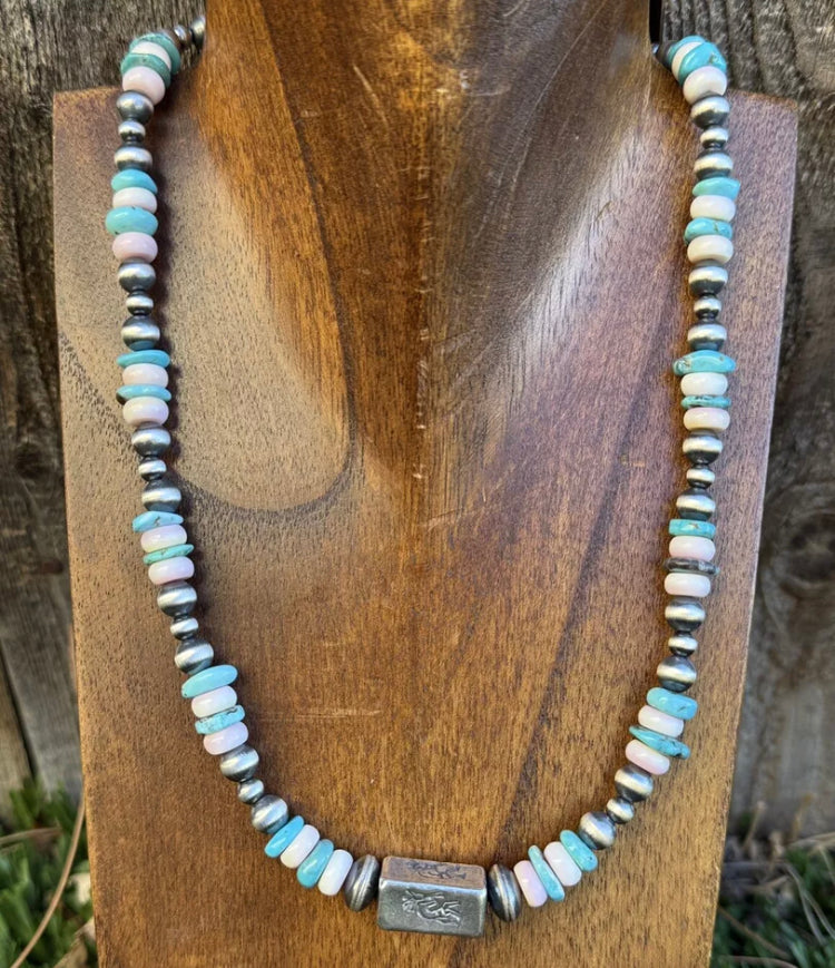 Sterling Silver Pink Conch Turquoise W Pearls Kokopelli Bead Necklace 18 Inch