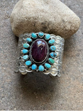 Load image into Gallery viewer, Native American Sterling Silver Turquoise Purple Spiny Oyster Cuff Bracelet. CY
