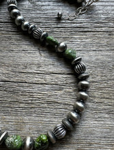 Load image into Gallery viewer, Sterling Silver Pearls Sonoran Gold Turquoise Nuggets Corrugated Bead Necklace