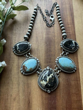 Load image into Gallery viewer, Navajo Sterling Silver Black Jack Kingman Turquoise Lariat Pearls Chain Necklace