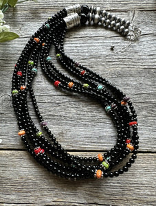 Sterling Silver Multi Strand Black Onyx Multi Stone Bead Necklace. 24 Inch