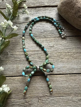 Load image into Gallery viewer, Bow Blue Green Turquoise Sterling Silver Pearls Bead Necklace. 18 Inch. Gift