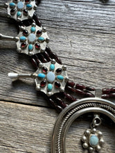 Load image into Gallery viewer, Navajo Sterling Silver Garnet Turquoise Naja Squash Blossom Bead Necklace Signed