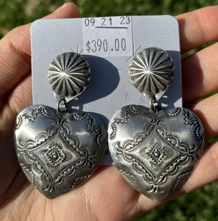 Navajo Sterling Silver Stamped Heart Earrings. VJP Vincent