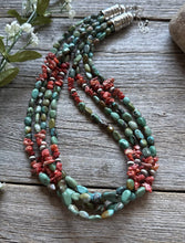 Load image into Gallery viewer, Sterling Silver Multi Strand Blue Green Turquoise Spiny Oyster Bead Necklace 20”