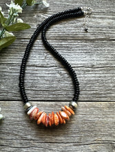 Load image into Gallery viewer, Mens Sterling Silver Black Onyx Orange Spiny Oyster Bead Necklace. 18 Inch