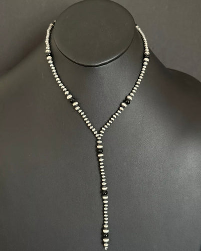 Sterling Silver Black Onyx W Pearls Bead Lariat Y Necklace. 26 inch