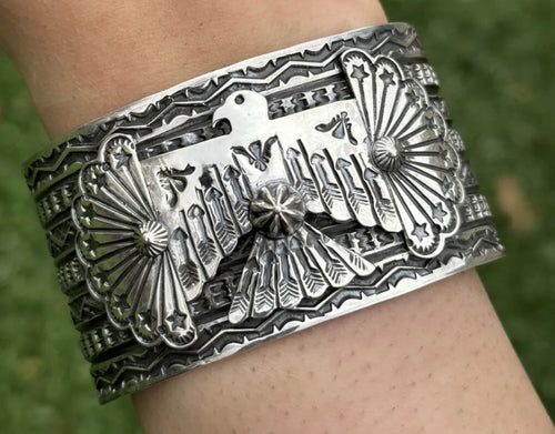 Sunshine Reeves 925 Sterling Silver Thunderbird Cuff Bracelet. Navajo