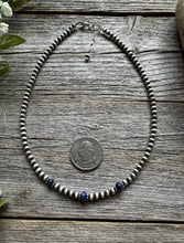 Load image into Gallery viewer, Sterling Silver 4mm Pearls with Lapis Bead Necklace Choker. 14 inch