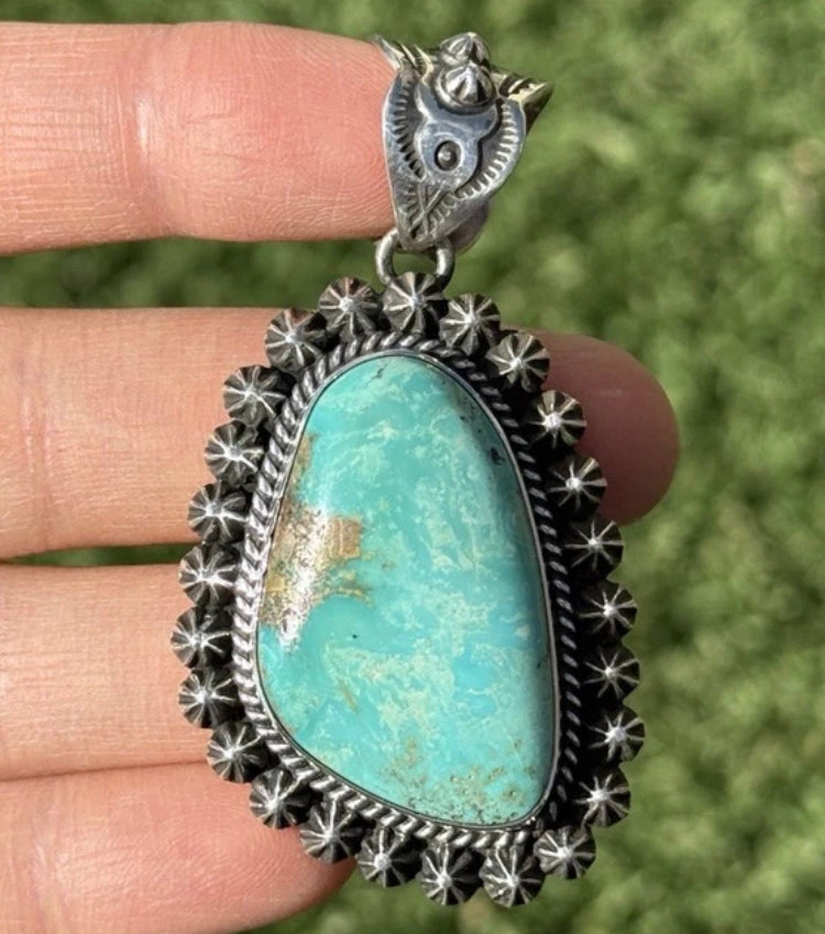 Navajo Native American Sterling Silver Turquoise Pendant H Happy Piasso Gift