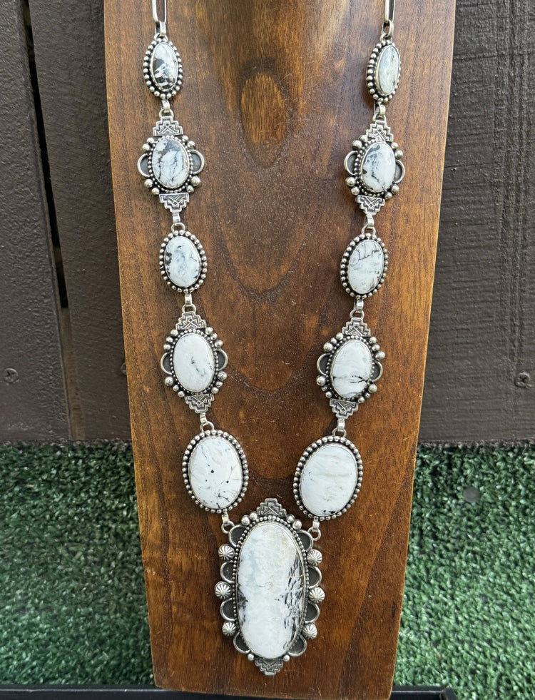Navajo Sterling Silver White Buffalo Turquoise Lariat Necklace Set Mary Ellen