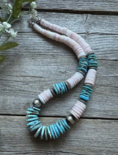 Load image into Gallery viewer, Sterling Silver Graduated Pink Conch Turquoise Bead Necklace 20 Inch