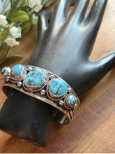 Load image into Gallery viewer, Navajo Native American Sterling Silver Blue Turquoise Row Cuff Bracelet J Nelson