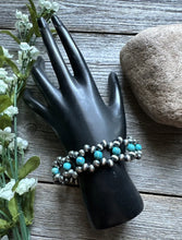 Load image into Gallery viewer, Floral Sterling Silver Blue Turquoise Pearls Bead Bracelet. 7 Inch