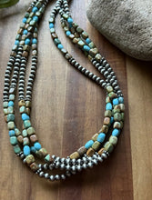 Load image into Gallery viewer, Sterling Silver Multi Strand Blue Green Turquoise Nuggets Pearls Bead Necklace