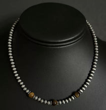 Load image into Gallery viewer, Sterling Silver 4mm Pearls with Brown Tigers Eye Bead Necklace Choker. 14 inch