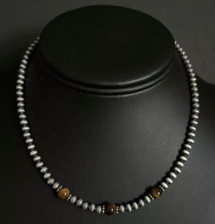 Sterling Silver 4mm Pearls with Brown Tigers Eye Bead Necklace Choker. 14 inch