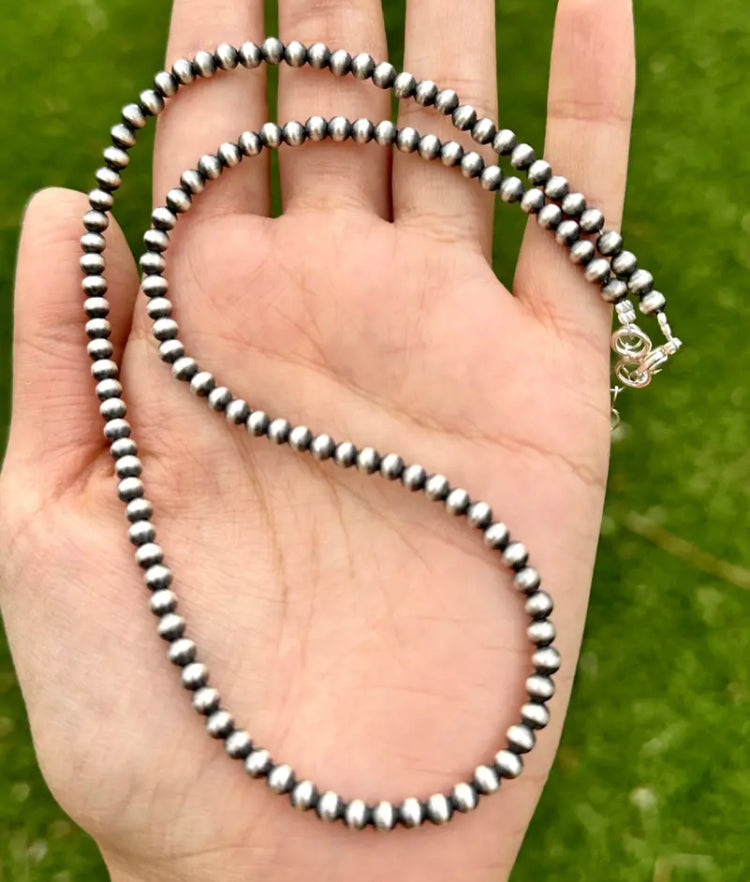 4mm 32 Inch 925 Sterling Silver Oxidized Pearls Bead Necklace Southwestern