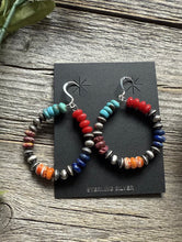 Load image into Gallery viewer, Southwestern 925 Sterling Silver Multi Stone Pearls Hoop Earrings.