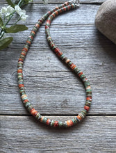 Load image into Gallery viewer, Sterling Silver Orange Spiny Oyster Green Turquoise Heishi Bead Necklace 18 inch