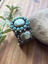 Load image into Gallery viewer, Native American Sterling Silver Palomino Turquoise Cluster Cuff Bracelet. RY