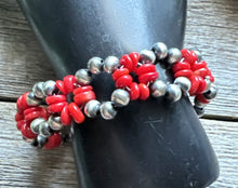 Load image into Gallery viewer, Floral Sterling Silver Red Bamboo Coral Pearls Bead Bracelet. 7 Inch