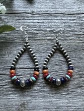 Load image into Gallery viewer, Southwestern Sterling Silver Multi Stone 4mm Pearls Bead Loop Dangle Earrings 3”