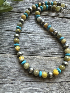 Sterling Silver Bumblebee Jasper Turquoise W Pearls Bead Necklace. 18 inch