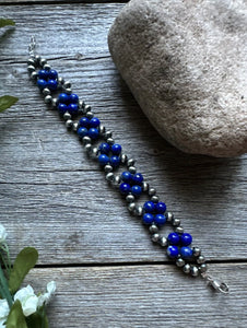 Floral Sterling Silver Blue Lapis Pearls Bead Bracelet. 7 Inch