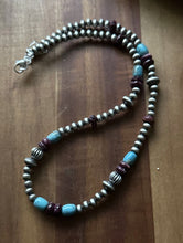 Load image into Gallery viewer, Sterling Silver Purple Spiny Oyster W Turquoise Pearls Bead Necklace. 18 inch