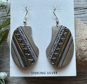 T and R Singer Native American Sterling Silver Gold Filled Earrings. 2.25 Inch