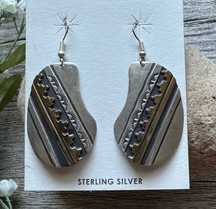 T and R Singer Native American Sterling Silver Gold Filled Earrings. 2.25 Inch