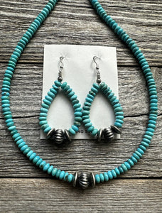 Sterling Silver Blue Turquoise Bead Necklace W Earrings Set. Gift 18 Inch