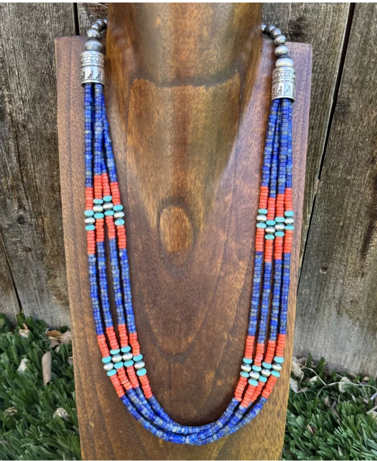 Sterling Silver Multi Strand Stone Lapis Bead Necklace. 24 inch