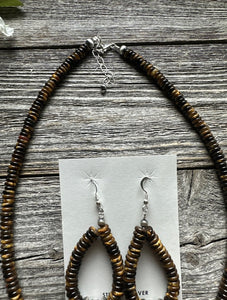 Sterling Silver Tigers Eye Bead Necklace W Earrings Set. Gift 18 Inch