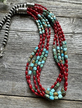Load image into Gallery viewer, Sterling Silver Blue Green Turquoise Red Coral Pearls Bead Necklace 28 Inch