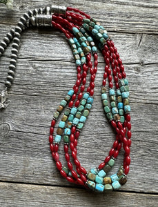 Sterling Silver Blue Green Turquoise Red Coral Pearls Bead Necklace 28 Inch