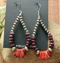 Load image into Gallery viewer, Sterling Silver Purple Red Spiny Oyster Pearls Bead Loop Hoop Earrings. 3 Inch