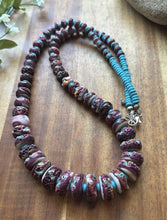 Load image into Gallery viewer, Sterling Silver Graduated Purple Spiny Oyster Turquoise Pearls Bead Necklace 26”